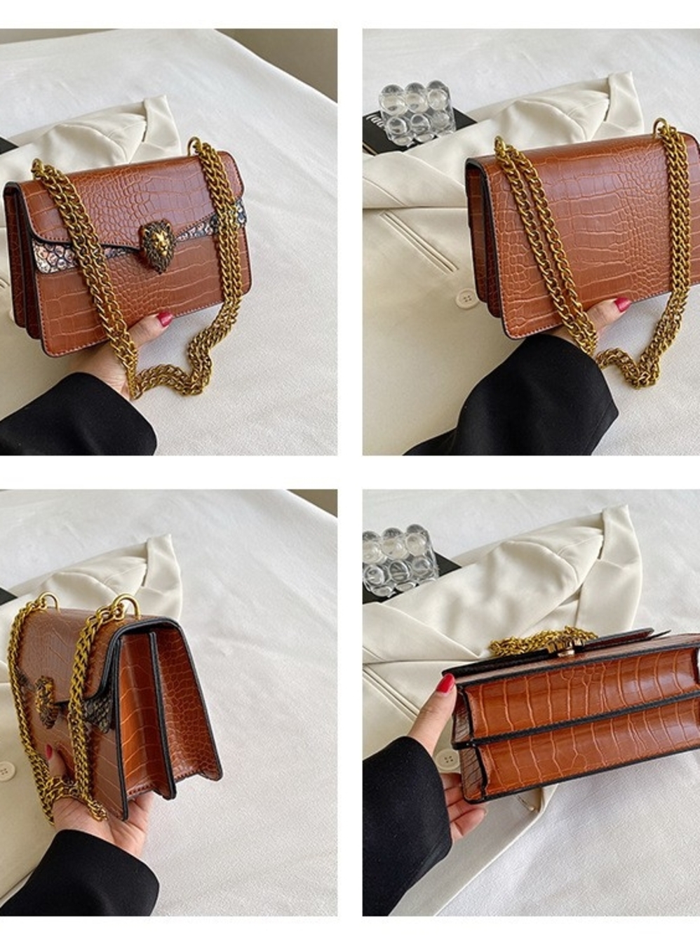 Lion-Emblem Croc-Texture Shoulder Bag in Cognac - Picture 3 of 5